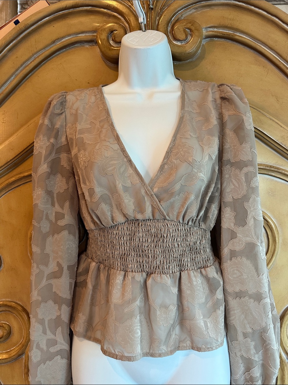 Sincerely Jules Taupe Floral Lace Long Sleeve Dress Top